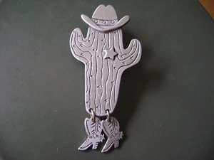 NWOT- SIGNED "JJ" COWBOY CACTUS SHERIFF DANGLEY BOOTS PEWTER BROOCH - Picture 1 of 4
