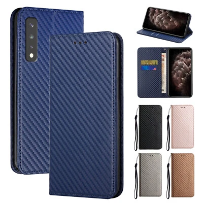 For LG K22 K52 Stylo 6 7 Velvet Pure Color Carbon Fiber Flip Phone Case+Strap - Image 1 of 4