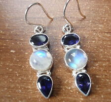 Moonstone and Faceted Iolite 925 Sterling Silver 3-Gem Dangle Earrings
