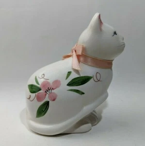 Vintage Artistic Gifts 5" Sitting White Cat Blue Eyes Hand Paint Flowers Ribbon - Picture 1 of 11