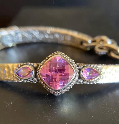 "Brazalete de cadena Sarda, Bali hecho a mano, 925, rosa, zafiro de laboratorio se adapta a 7,25-7,75""" Foto 1 de 4