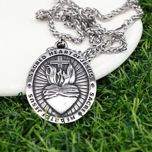 Silber Edelstahl Heiliges Herz Jesu Medaille Kreuz Anhänger Halskette - Bild 1 von 5