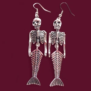 HYPOALLERGENIC SILVER MERMAID SKELETON EARRINGS siren ocean steampunk punk 6Z - Picture 1 of 2