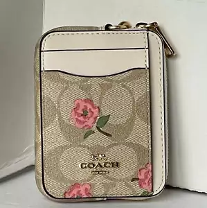 Coach Zip Card Case Pink Floral CR971 ID Wallet Beige Canvas Leather Chain Strap - Picture 1 of 8