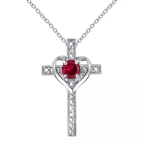 925 Sterling Silver Created Ruby & Diamond Accent Cross Heart Necklace - Picture 1 of 7
