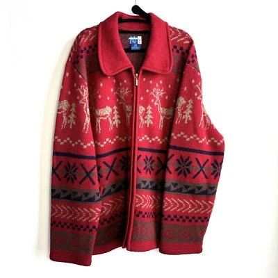 VENEZIA JEANS Mujer Rojo Esquí Nórdico Navidad 100% LANA SUÉTER 18 20 Cremallera Foto 1 de 4