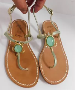Miss Trish of Capri Jeweled Turtle Green Metallic Leather Flat Sandals 35.5 - Picture 1 of 4