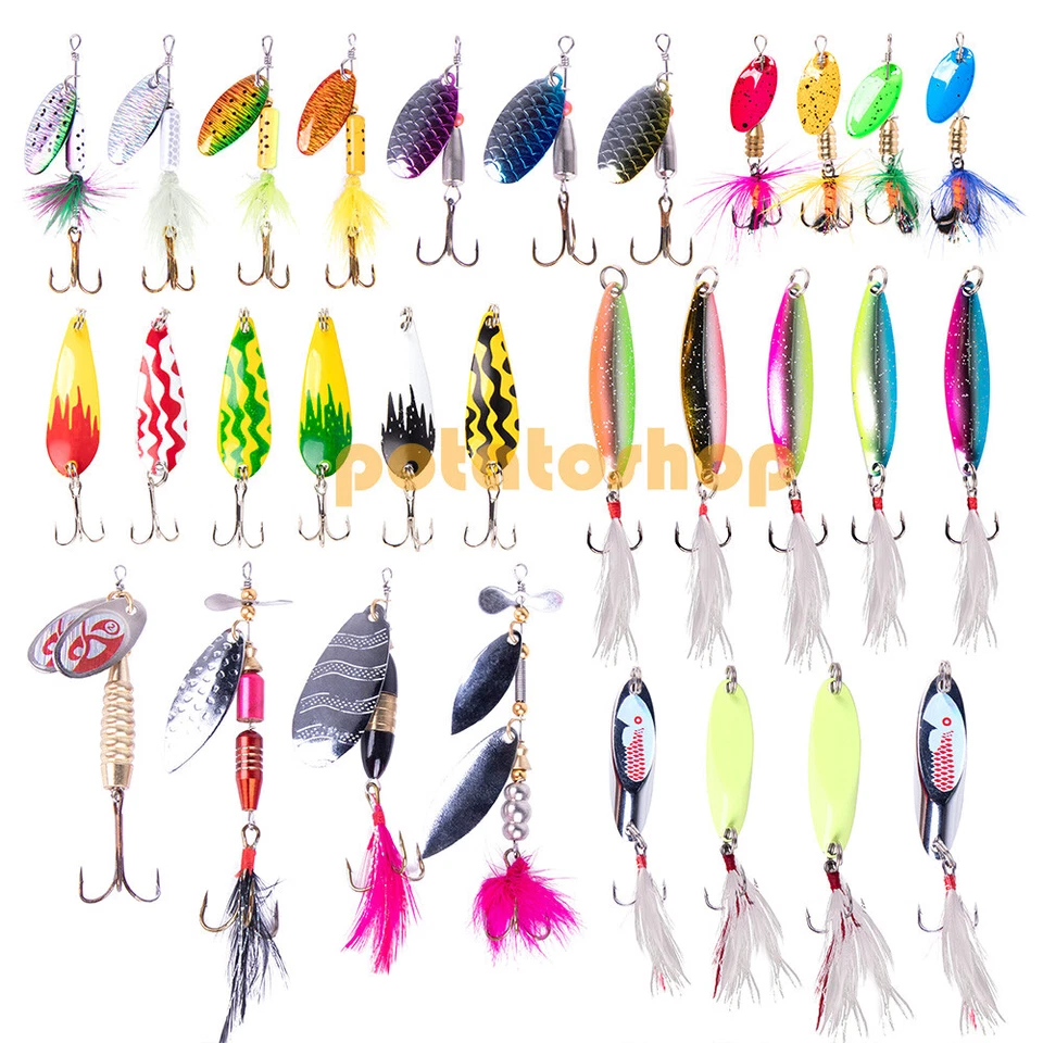 30pcs Metal Mixed Spinner Fishing Lure Fish Hook Bass Sea Fishing Feather In Box — 第 1/4 张图片