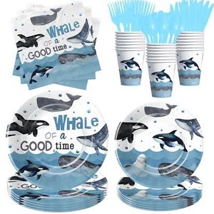 Whale Party Tableware Set Ocean Theme Supplies for Baby Shower Serves 24 - Picture 1 of 6