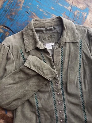 Chaqueta de cuero AMI para mujer verde bosque con bordado talla mediana Robin Hood Foto 1 de 4