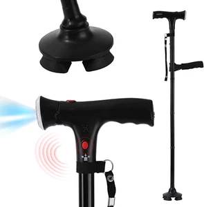 Folding Adjustable Cane with LED Light and Alarm, Cushioned T Handle, Black - Picture 1 of 12