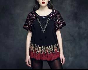 Womens Livana Dark Top One Size Embroidered Black Festival Whimsigoth Grunge - Picture 1 of 12