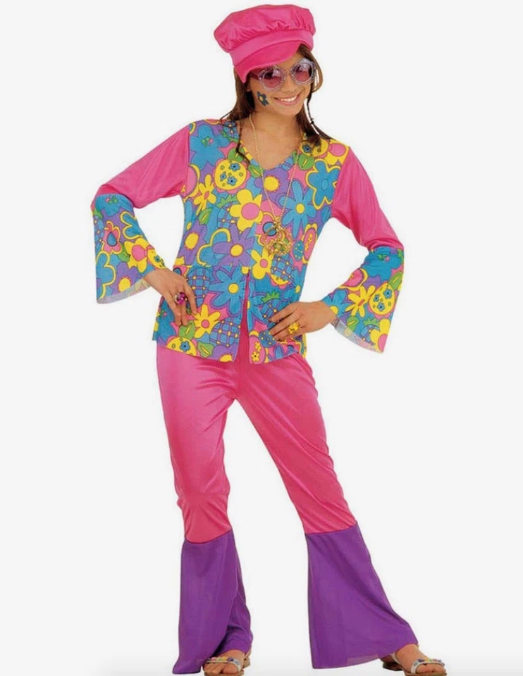 Girls Pink Hippie Costume 1960’s Flower Power Fancy Dress Outfit Age 11 12 13 - Image 1 of 1