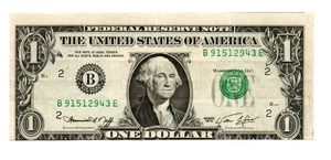 ERROR 1974 $1 Federal Reserve Note, Fr-1908-B - Picture 1 of 2