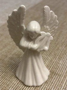 White Glazed Ceramic Angel playing Harp instrument Figurine Music - Picture 1 of 7