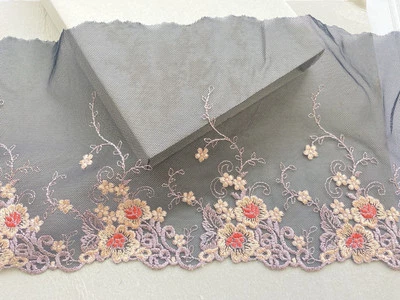 Floral Embroidered Lace Trim with Black Tulle Base for Sewing/Crafts/6.5” Wide - Image 1 of 4
