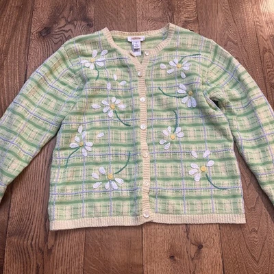 Cárdigan Talbot Margarita Tejido Verde/Amarillo Bordado a Cuadros Y2K Cottagecore, Talla M Foto 1 de 4