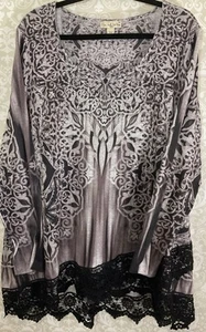 LIVE AND LET LIVE Damen Tunika Bluse 3X schwarz grau Spitzensaum Boho Hippie Top - Bild 1 von 15