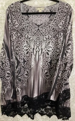 Blusa túnica LIVE AND LET LIVE para mujer 3X negra gris dobladillo de encaje boho hippie Foto 1 de 4
