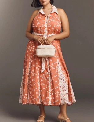 Maeve Anthropologie Halter Open-Back Sz XL Godet Midi Shirt Dress Orange Floral - Image 1 of 4