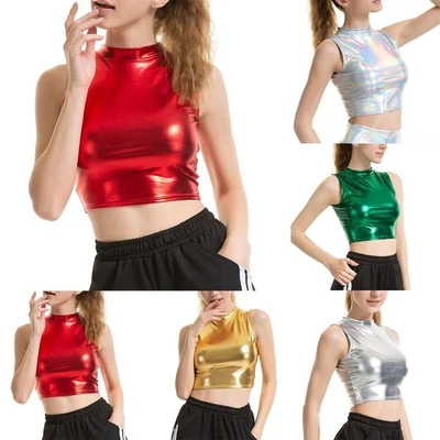 Women Tank Top Vest Summer Tank Tops Wet Look Clubwear Crop Top Fashion - Image 1 of 4