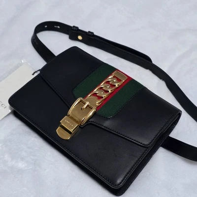 Gucci Sylvie Black Leather Web Logo Belt Bag and Clutch 476811 MSRP $1490 - Image 1 of 4