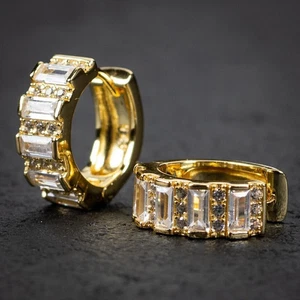 4Ct Baguette Cut Lab-Created Diamond Huggie Hoop Earrings 14k Yellow Gold Over - Picture 1 of 3