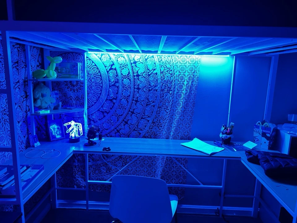 White Twin size loft Bed with ladder And Build In Desk and Led Lights ￼ - Image 1 of 2