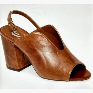 Real Leather Sling Back Chunky Heel Peep Toe Sbicca Windor Brown size 7 - Picture 1 of 15