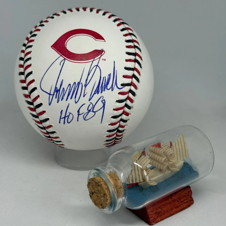 Johnny Bench signed Reds Team Stitch Logo Baseball JSA COA Inscribed HOF A3883 - Image 1 of 1