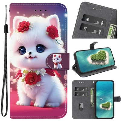 Rose Cat Leather Wallet Phone Case For Samsung Huawei Honor Magic P Smart iPhone - Image 1 of 4