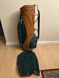 Burton Golf Bag Tan Leather And Green / Rain Cover Strap Brass USA Jasper Nice - Picture 1 of 21