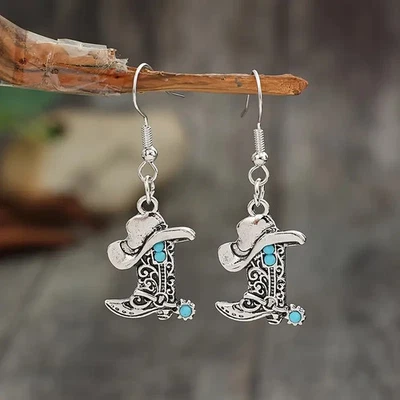 BOHO WESTERN STYLE SILVER BOOTS & HAT W/ TURQUOISE DANGLE EARRINGS - Image 1 of 4