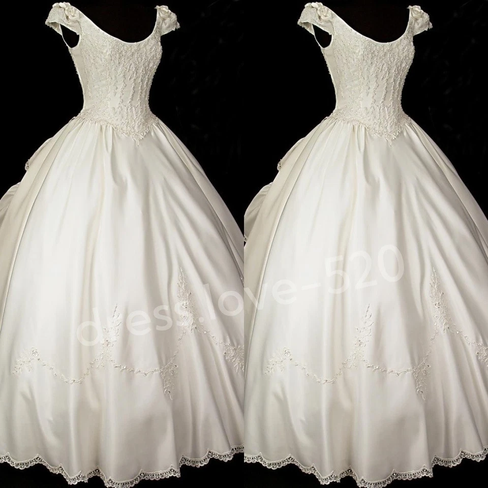 Vintage Wedding Dresses Scoop Neck Lace Appliques A Line Satin Bridal Gowns - Image 1 of 4
