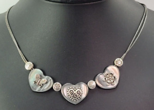 Signed Brighton Lucite Abalone Heart Butterfly Flower Silver 16-18" Necklace