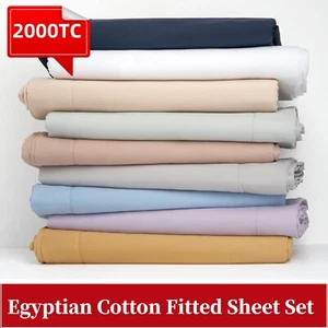 2000TC 100% Egyptian Cotton Fitted Sheet Set King Single Double Queen Size Bed - Picture 1 of 21