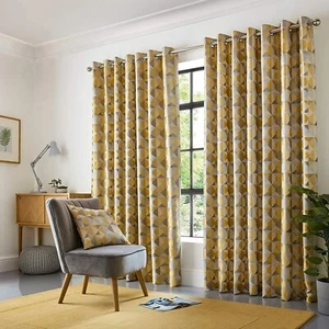 Ocker & Grau Geometrisches Design Paar Ösen Ring Top Vorhänge Alle Größen Gefüttert - Bild 1 von 3