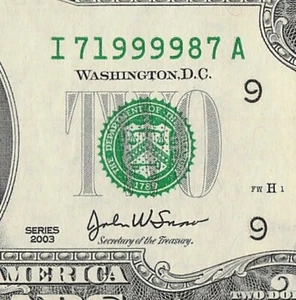 Atlanta 2003 Two Dollar Bill IA Block 71999987 FW E 2 BP 14 Quad 9s - Picture 1 of 11