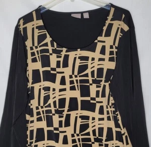 Túnica para mujer Chico's talla 3 resbaladiza negra bronceada geométrica manga larga excelente en excelente condición - Imagen 1 de 6