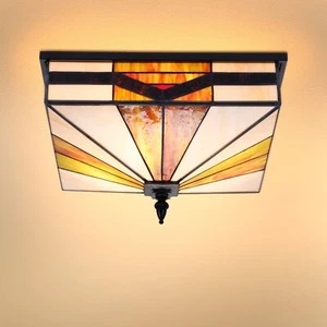 16" Tiffany Style Flush Mount Ceiling Light – Stained Glass Fixture - Picture 1 of 8