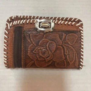 Hand Tooled   Brown Embossed Flower/Deer Leather Wallet Clutch Vintage - Picture 1 of 5