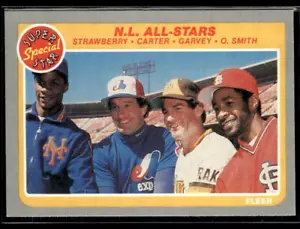 1985 Fleer #631 N.L. All-Stars Strawberry Gary Carter Steve Garvey Ozzie Smith - Foto 1 di 2