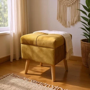 Mustard Yellow Velvet Ottoman Square Lift-Up Gold Storage Footstool Living Room - Picture 1 of 9