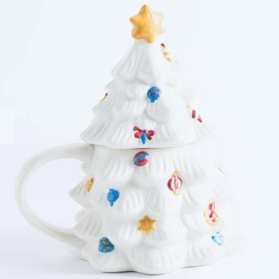 Taza de gres árbol con tapa Navidad en el campo granero de cerámica ~ blanca - nueva en caja Foto 1 de 2
