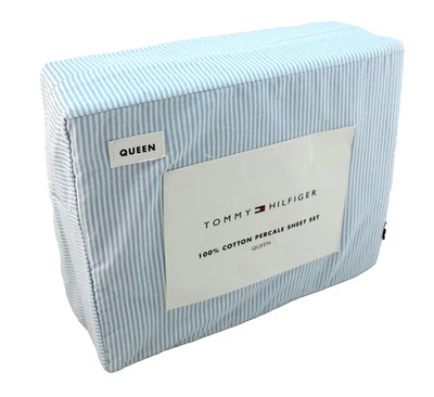 NWT TOMMY HILFIGER Ithaca Stripe Queen Size Blue /White Cotton Percale Sheet Set - Image 1 of 4
