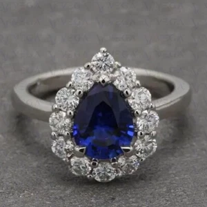 6.00ct Pear Cut Natural Sapphire & Diamond Engagement Ring 18K White Gold Plated - Picture 1 of 14