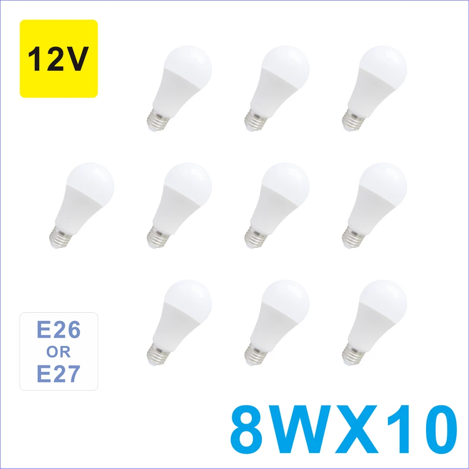 10 pcs Led Lamp Bulb 8W A19 A60 Light E26 Base 800lm Cool White 12V Low Voltage - Image 1 of 4