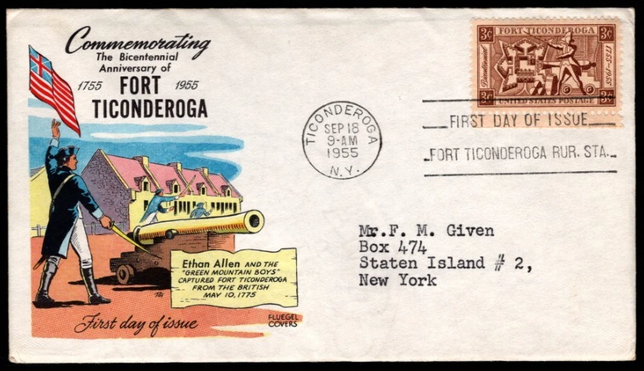 SC# 1071 FDC, Fort Ticonderoga - Cachet Fluegel, solapa cerrada Foto 1 de 1