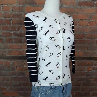 Le Tigre Womens Sweater Cardigan Penguin Print White Black Lightweight Size S - Image 1 of 4