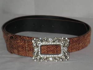 Brown Faux Snakeskin Rectangular Rhinestone Belt Buckle 31 to 36 inches - Picture 1 of 7